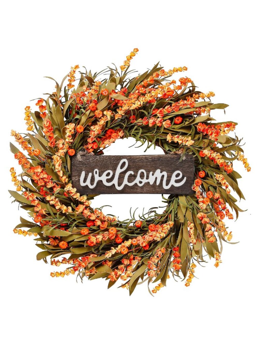Artificial Fall Wreath 22in Autumn Front Door Decor with Pumpkins & Foam Leaves
